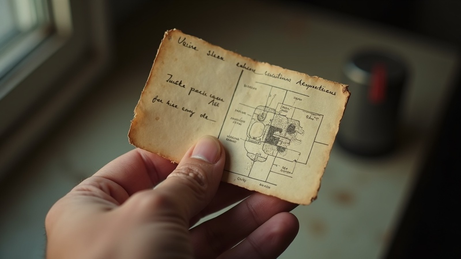 A weathered hand holding an old laminated index card with handwritten technical notes